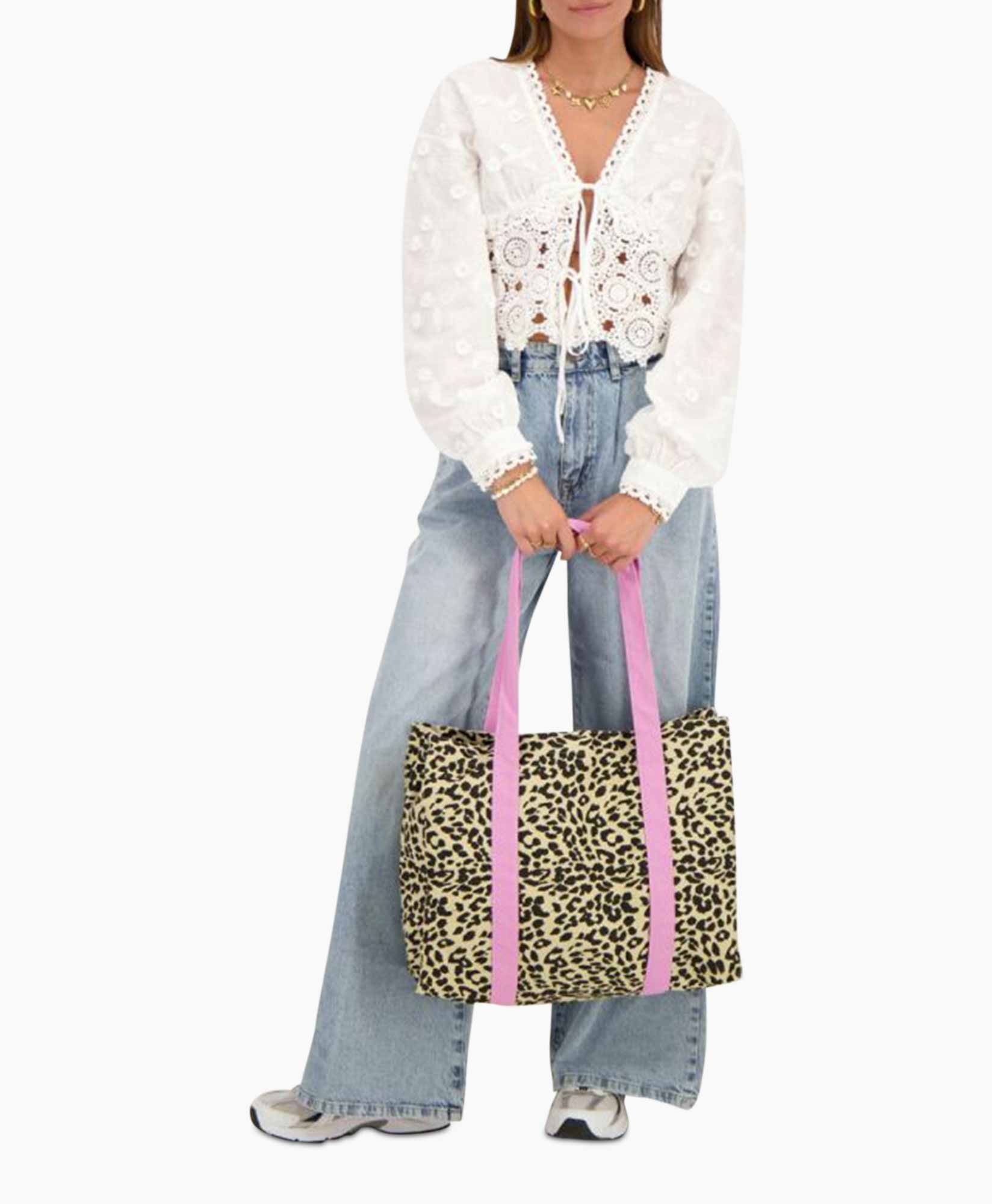 Tas Shopper Leopard Pink Strap Beige